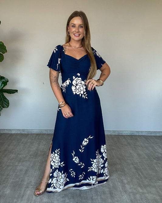 Vestido Longo Estampado com Manguinha