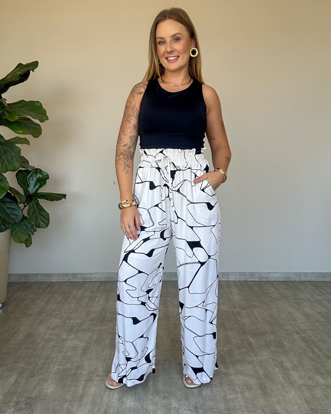 Calça Pantalona Estampada Cós Alto