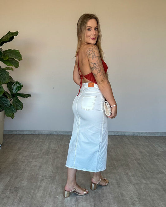 Saia Midi com Costuras Marrom