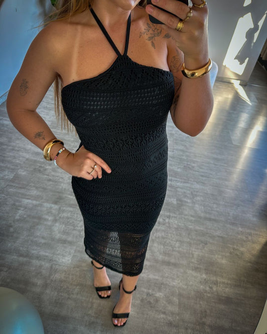 Vestido Midi em Tricot com Amarração no Pescoço