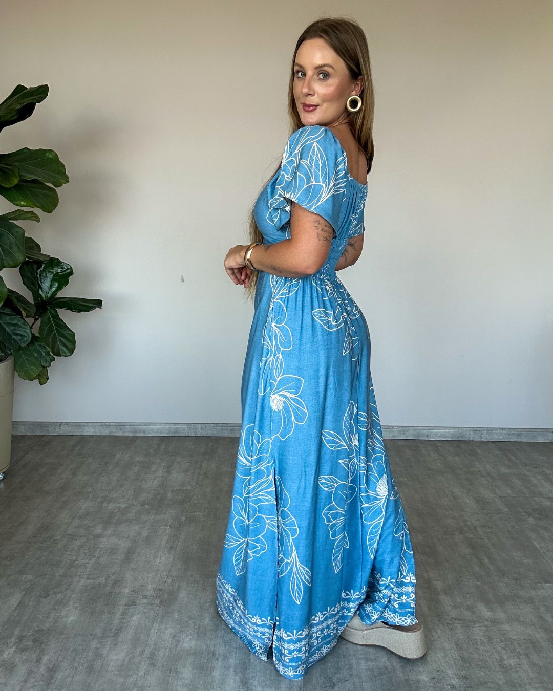 Vestido Longo Estampado com Manguinha