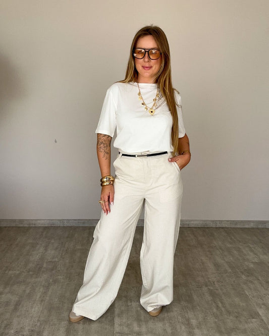 Calça Pantalona Linho com Cinto
