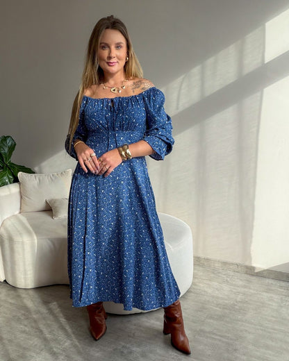 Vestido Midi Floral Ciganinha com Fenda