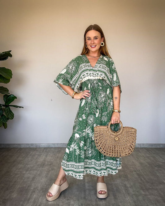 Vestido Midi Estampado com Manga Ampla