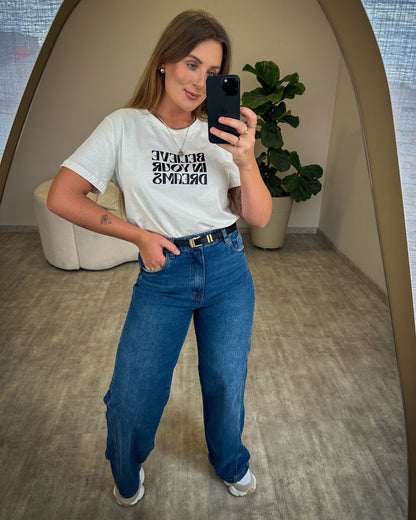 Calça Wide Leg Lavagem Escura Delavê