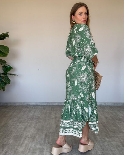 Vestido Midi Estampado com Manga Ampla