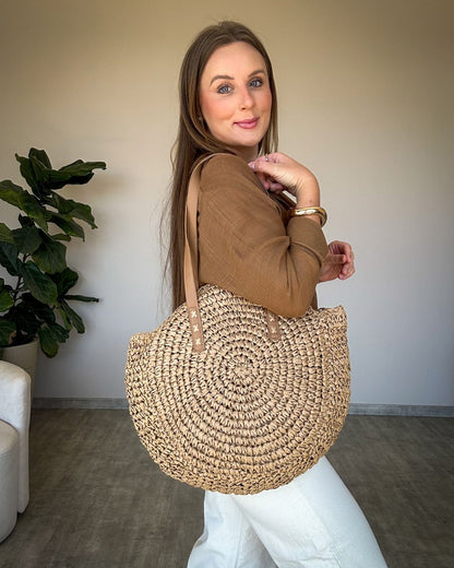 Bolsa de Palha Redonda Grande com Forro e Zíper