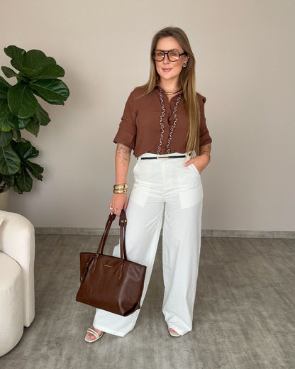 Calça Pantalona Linho com Cinto