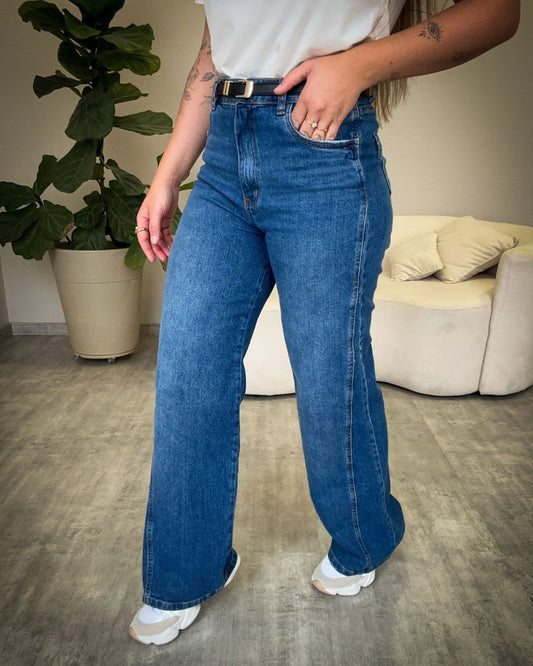 Calça Wide Leg Lavagem Escura Delavê
