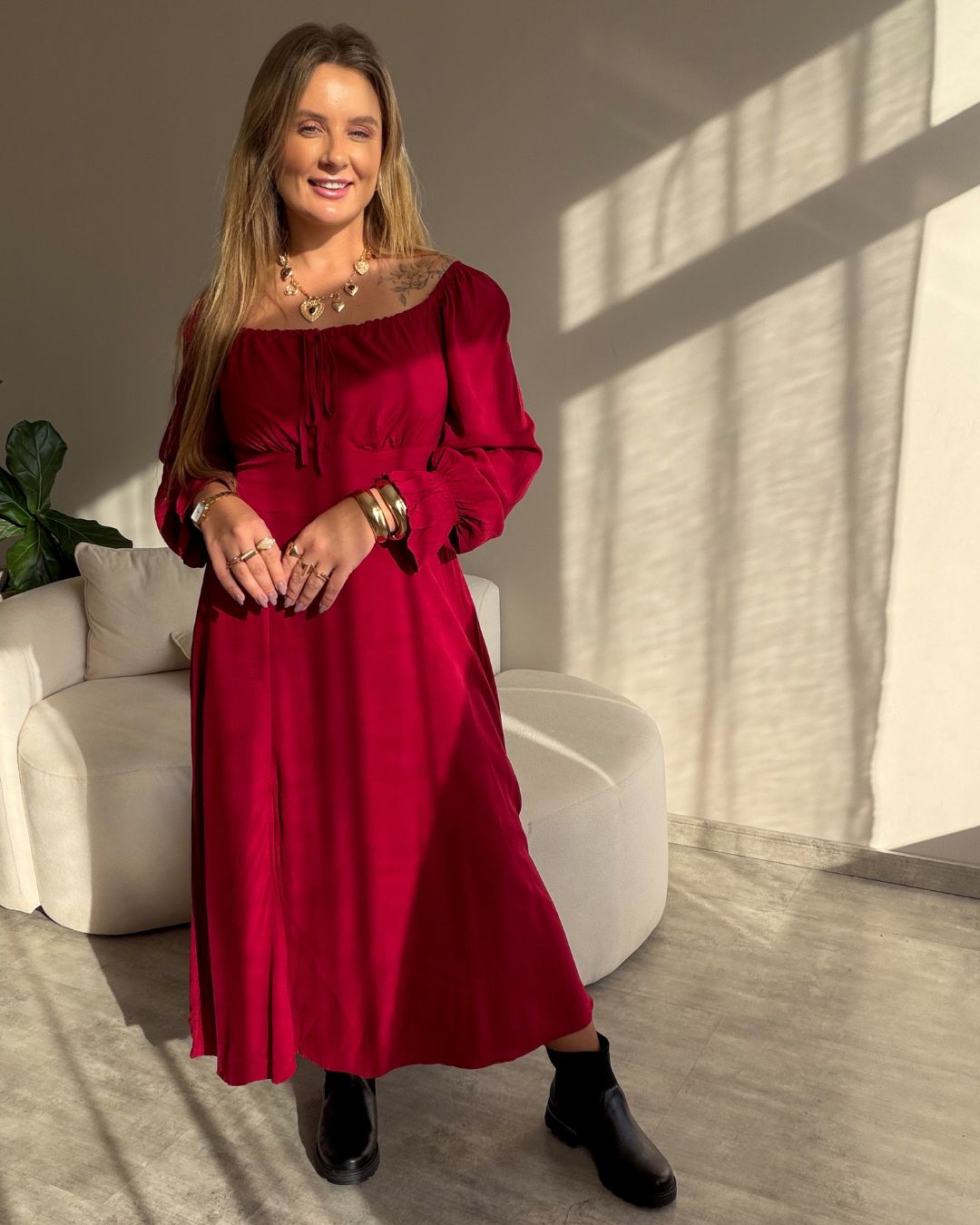 Vestido Midi Floral Ciganinha com Fenda