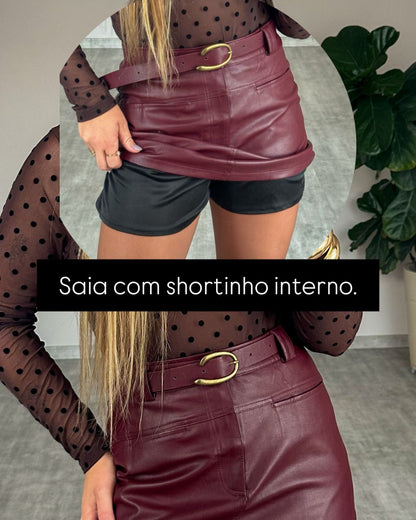 Saia Curta de Couro Sintético com Cinto