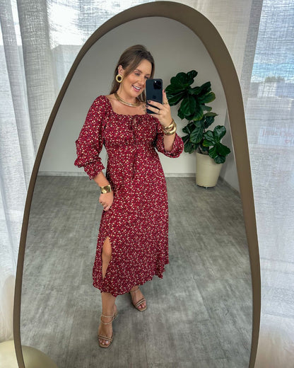 Vestido Midi Floral Ciganinha com Fenda