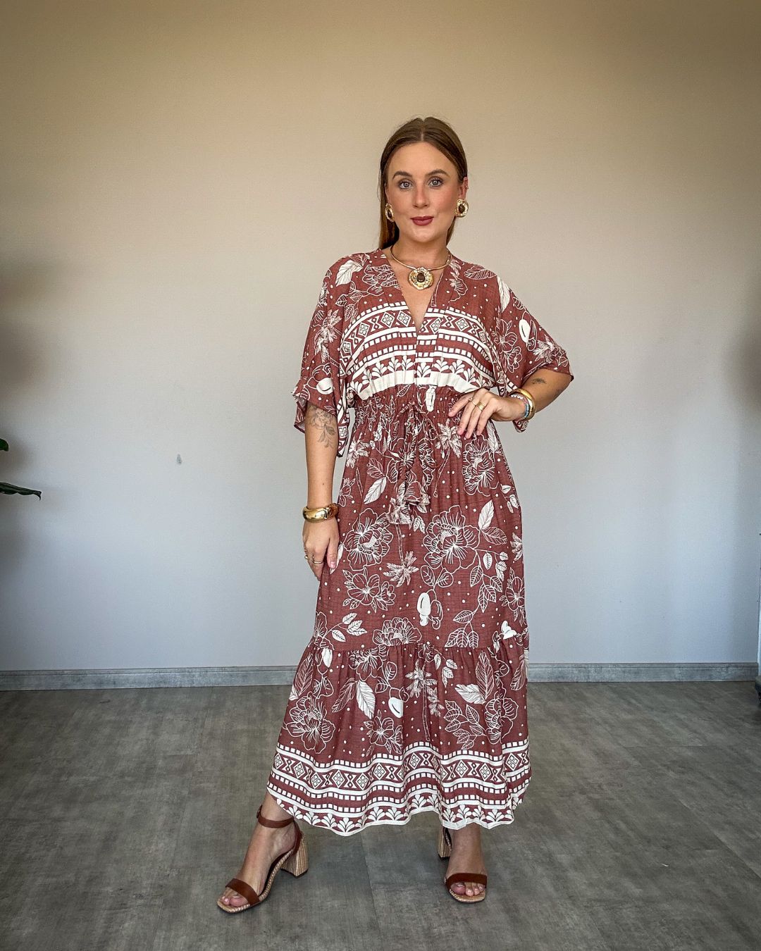 Vestido Midi Estampado com Manga Ampla
