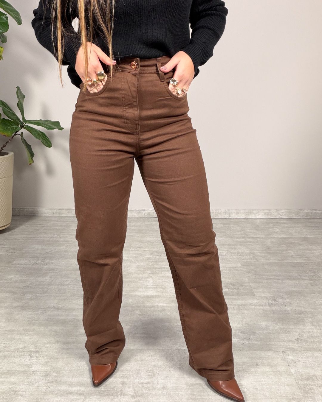 Calça Wide Leg Jeans Marrom