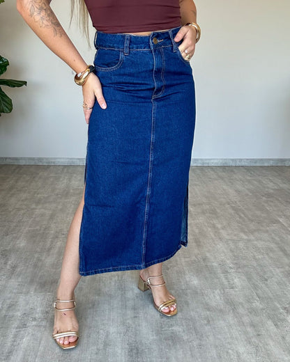 Saia Midi Jeans com Fenda Lateral