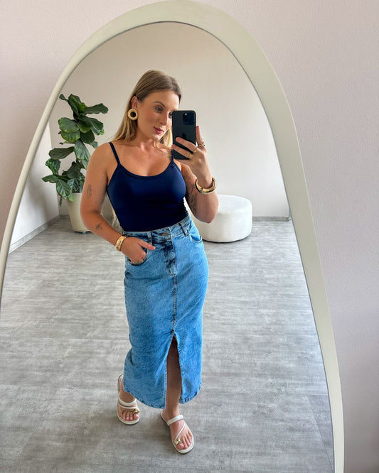 Saia Midi Jeans Lavagem Clara