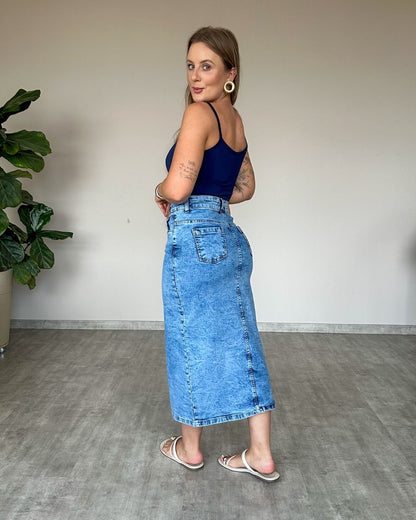 Saia Midi Jeans Lavagem Clara