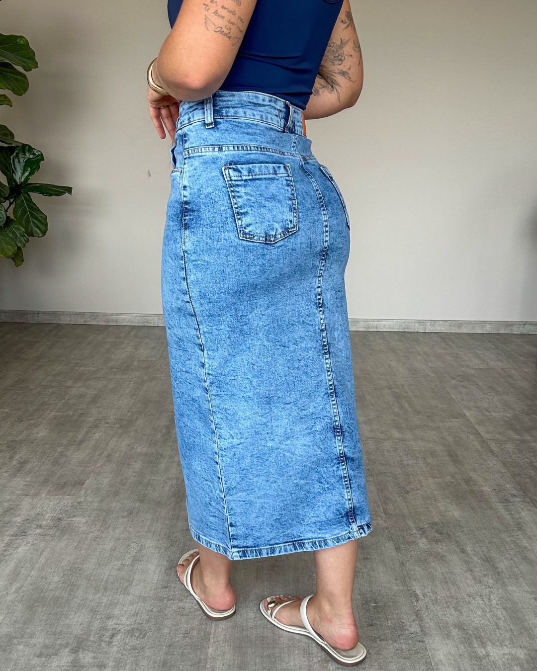 Saia Midi Jeans Lavagem Clara