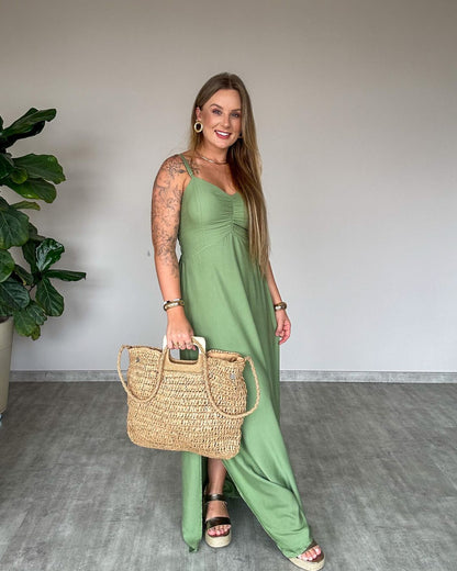 Bolsa de Palha Grande com Alça de Madeira