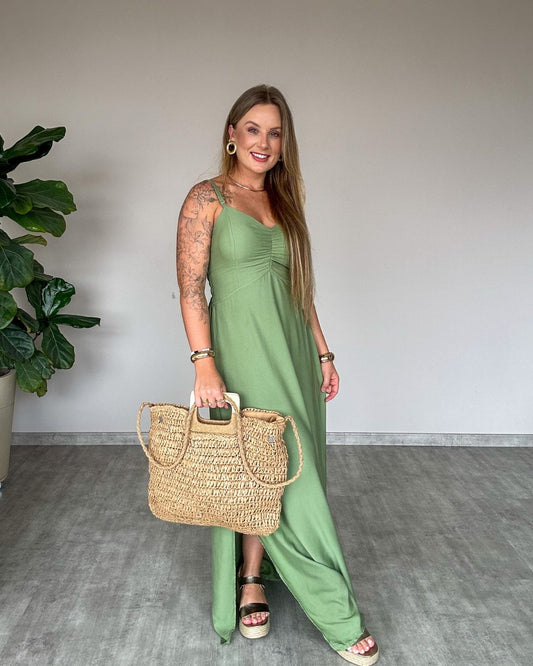 Bolsa de Palha Grande com Alça de Madeira