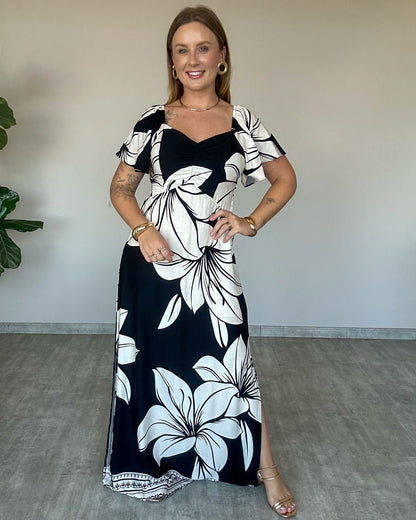 Vestido Longo Estampado com Manguinha