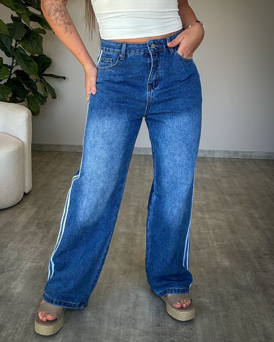 Calça Jeans Wide Leg com Listras Laterais