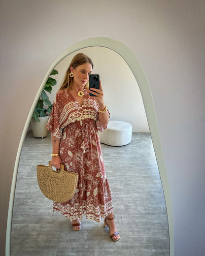 Vestido Midi Estampado com Manga Ampla