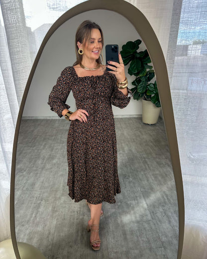 Vestido Midi Floral Ciganinha com Fenda