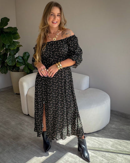 Vestido Midi Floral Ciganinha com Fenda