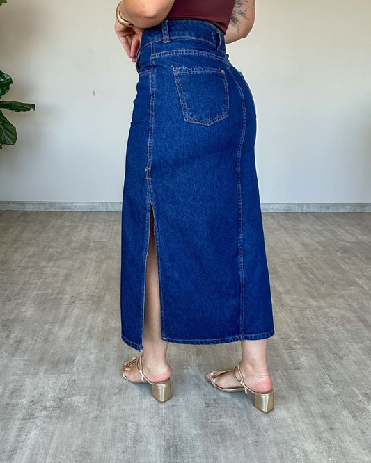 Saia Midi Jeans com Fenda Lateral