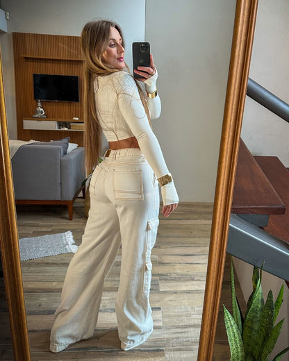 Calça Wide Leg Cargo Delavê