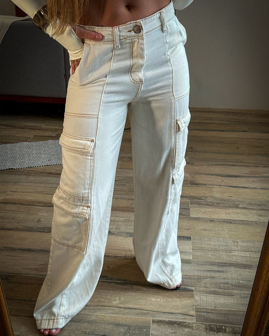 Calça Wide Leg Cargo Delavê