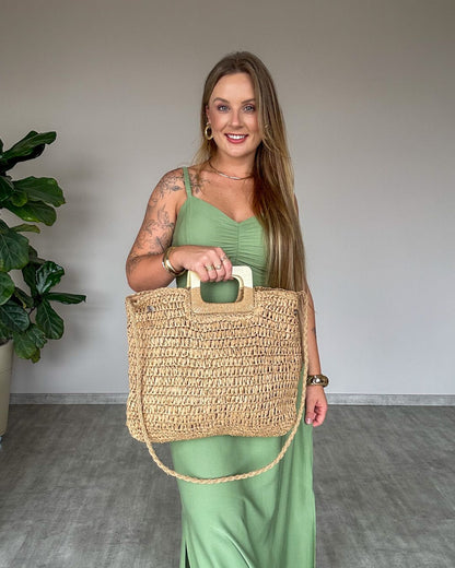 Bolsa de Palha Grande com Alça de Madeira