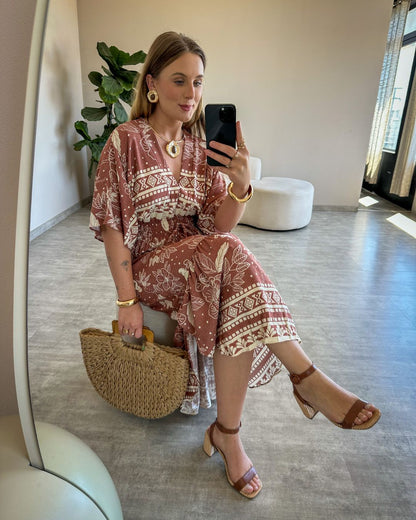 Vestido Midi Estampado com Manga Ampla