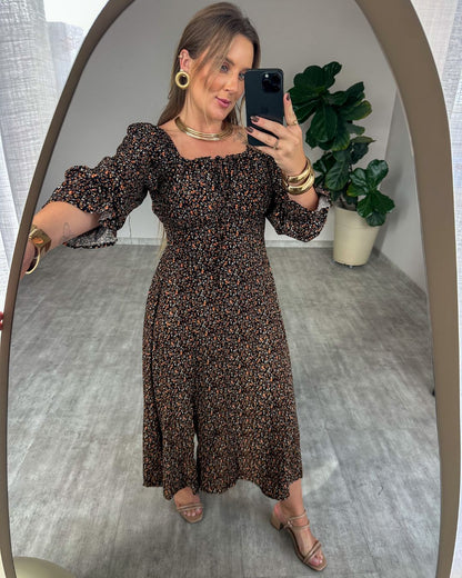 Vestido Midi Floral Ciganinha com Fenda