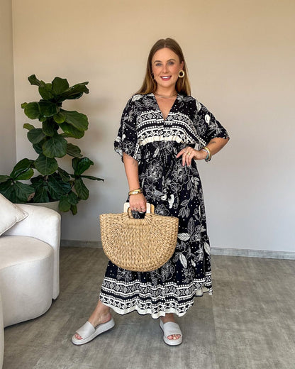 Vestido Midi Estampado com Manga Ampla