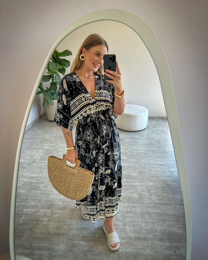 Vestido Midi Estampado com Manga Ampla