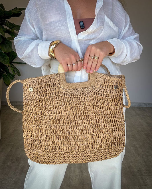 Bolsa de Palha Grande com Alça de Madeira