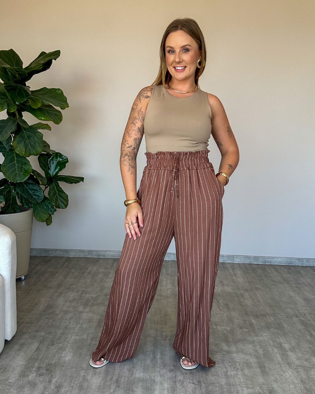 Calça Pantalona Estampada Cós Alto