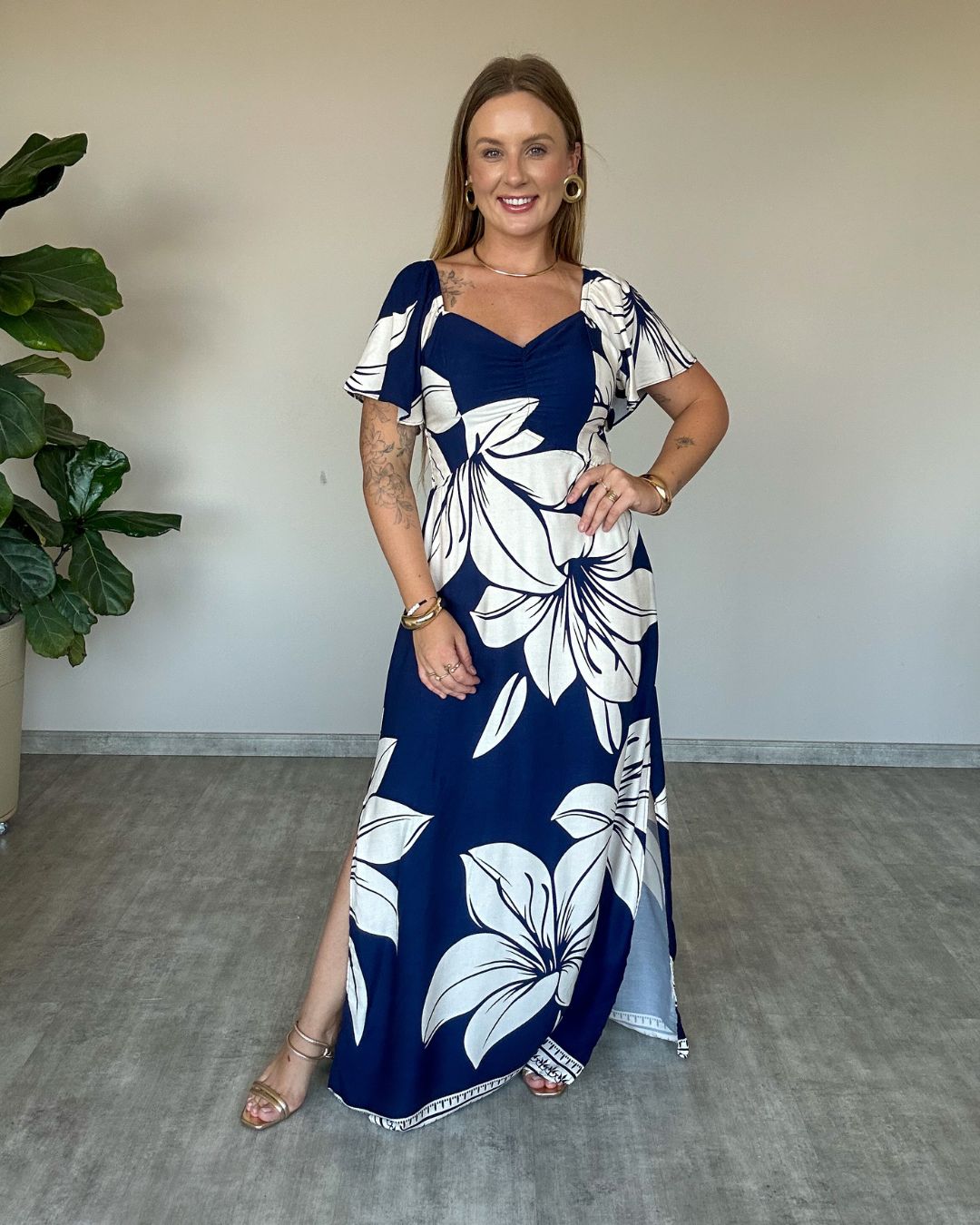 Vestido Longo Estampado com Manguinha