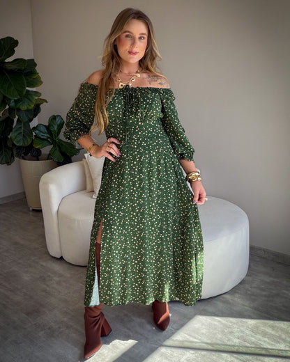 Vestido Midi Floral Ciganinha com Fenda