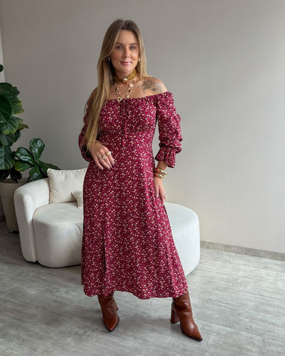Vestido Midi Floral Ciganinha com Fenda