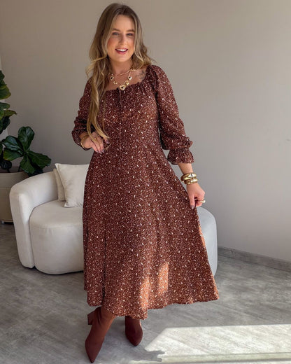 Vestido Midi Floral Ciganinha com Fenda