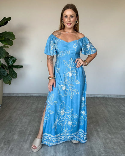 Vestido Longo Estampado com Manguinha