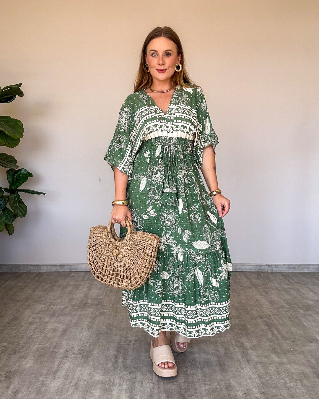 Vestido Midi Estampado com Manga Ampla