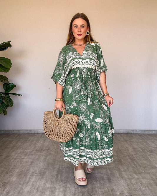 Vestido Midi Estampado com Manga Ampla