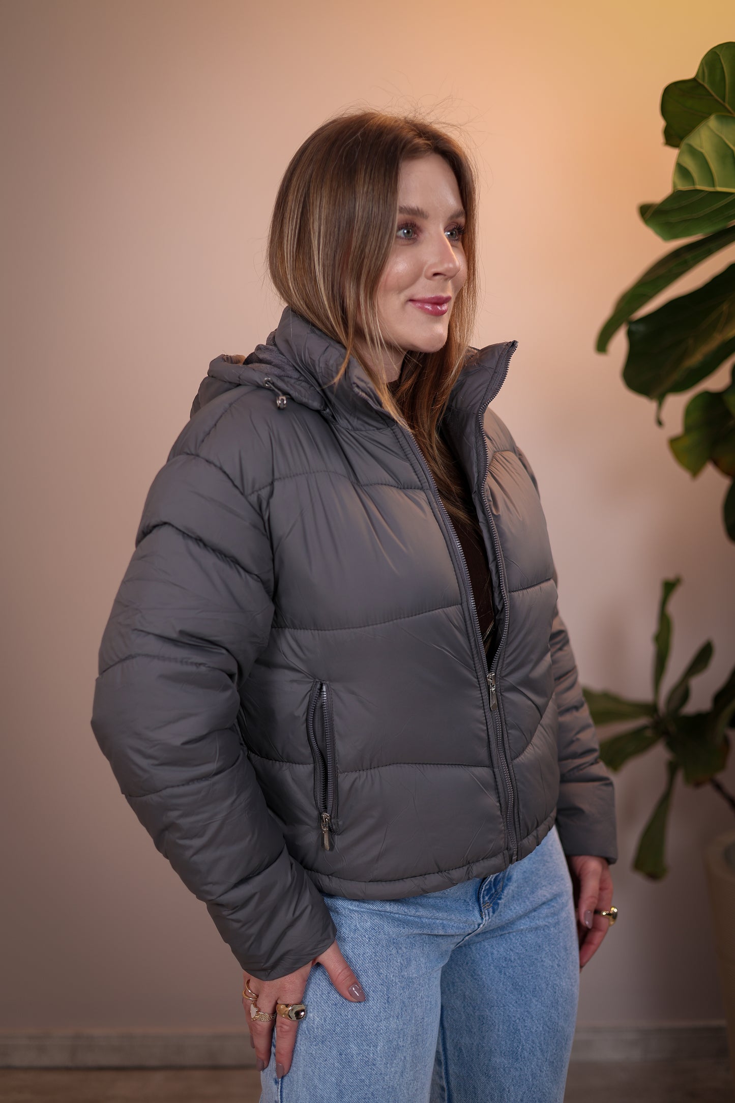 Jaqueta Puffer Flanelada com Capuz Removível