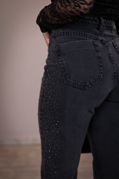 Calça Jeans Wide Leg Estonada com Brilho na Lateral