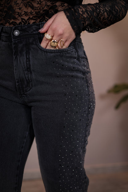Calça Jeans Wide Leg Estonada com Brilho na Lateral