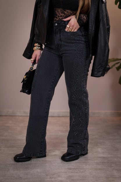 Calça Jeans Wide Leg Estonada com Brilho na Lateral
